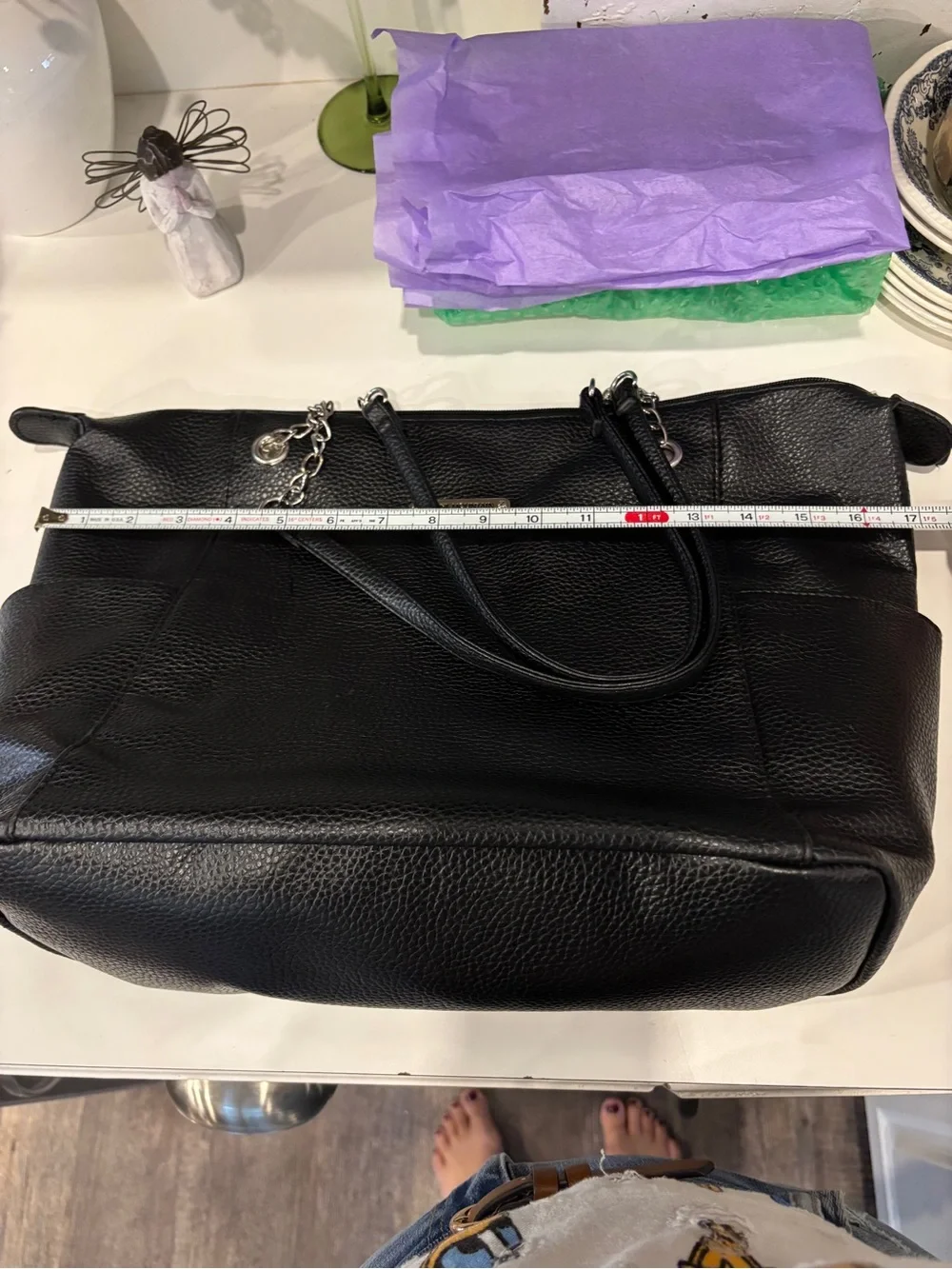 Stone Mountain Accessories Black Pebbled Tote with Chain-Strap Accents